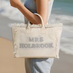 Sac à main en toile beige avec pompon et perle Personnalisé Lettre Rhinestone Mariage Douche de Mariage Lune de Miel Cadeau pour la Mariée