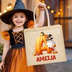 Personalized Halloween Ghost Pumpkin Initial Jute Bag with Name Halloween Party Travel Accessories Birthday Gift for Boys Girls