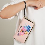 Personalized Birthday Cake Balloon Cartoon Girl PU Leather Zipper Wallet with Name Number and Wrist Strap Birthday Anniversary Gift for Girls Women