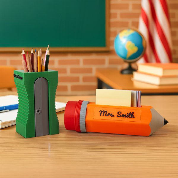 Personalised Sharpener-Shaped Pencil Holder and Pencil-Shaped Sticky Note Box Set with Text Desk Decor Birthday Gift for Teachers Students