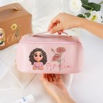 Personalized Cartoon Character Birth Flower Wide Opening PU Leather Makeup Bag with Name Travel Essentials Birthday Anniversary Gift for Women