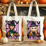 Personalized Cartoon Character Witch Pumpkin Reusable Canvas Tote Bag with Name Trick or Treat Halloween Party Gift for Boys Girls Women