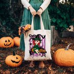 Personalized Cartoon Character Witch Pumpkin Reusable Canvas Tote Bag with Name Trick or Treat Halloween Party Gift for Boys Girls Women