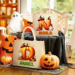 Personalized Halloween Ghost Pumpkin Initial Jute Bag with Name Halloween Party Travel Accessories Birthday Gift for Boys Girls