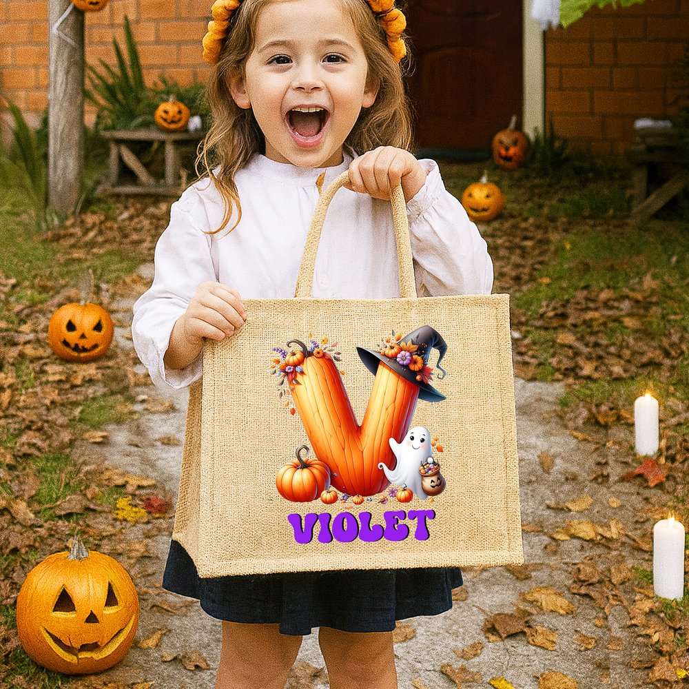 Personlig Halloween Spöke Pumpa Initial Jutepåse med namn Halloween Party Restillbehör Födelsedagspresent för pojkar Flickor