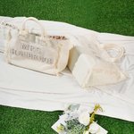 Sac à main en toile beige avec pompon et perle Personnalisé Lettre Rhinestone Mariage Douche de Mariage Lune de Miel Cadeau pour la Mariée