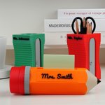 Personalized Sharpener-Shaped Pencil Holder and Pencil-Shaped Sticky Note Box Set with Text Desk Decor Birthday Gift for Teachers Students