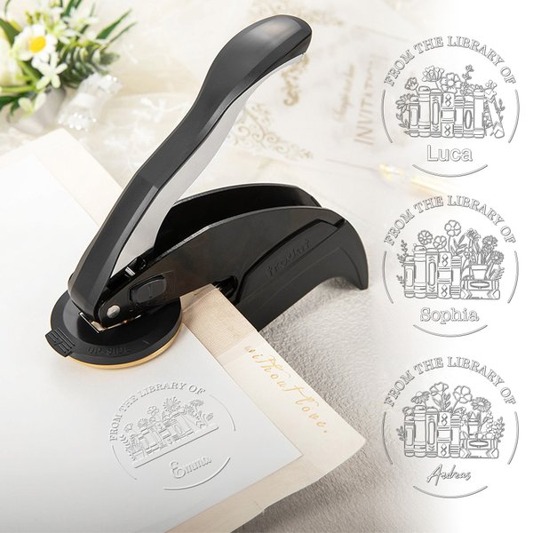Personalised Floral Book Embossing Stamp Black Hand-Held Embosser Set with Name and Text Book Club Birthday Gift for Book Lovers Bookworms