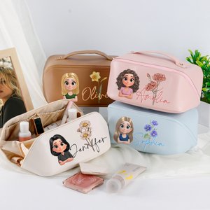 Personifierad tecknad karaktär Födelseblomma Bred öppning PU läder sminkväska med namn Resa Essentials Födelsedag Jubileum Present för kvinnor