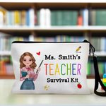 Gepersonaliseerd Cartoon Leraar Karakter Make-up tasje met tekst en polsbandje Reisaccessoire Teacher's Day Waardering Gift voor leraren