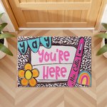 Personalized Yay You're Here Flower Rainbow Non-Slip Doormat with Text Welcome to Classroom Teacher's Day Back to School Gift for Teachers