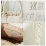 Sac à main en toile beige avec pompon et perle Personnalisé Lettre Rhinestone Mariage Douche de Mariage Lune de Miel Cadeau pour la Mariée
