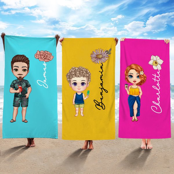 Personalisiertes Niedliches Cartoon-Charakter Strandtuch mit Geburtsblume Namen Schnell Trocknendes Handtuch Sommer Urlaub Strand Party Geschenk
