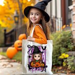 Personalized Cartoon Character Witch Pumpkin Reusable Canvas Tote Bag with Name Trick or Treat Halloween Party Gift for Boys Girls Women