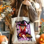 Personalized Cartoon Character Witch Pumpkin Reusable Canvas Tote Bag with Name Trick or Treat Halloween Party Gift for Boys Girls Women
