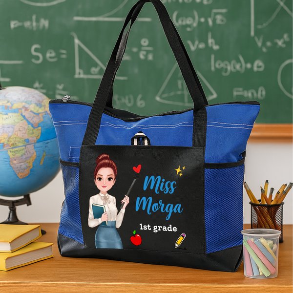 Personalized Cartoon Teacher Large Oxford Tote Bag with Mesh Pocket and Text Teacher's Day Back to School Appreciation Gift for Teacher