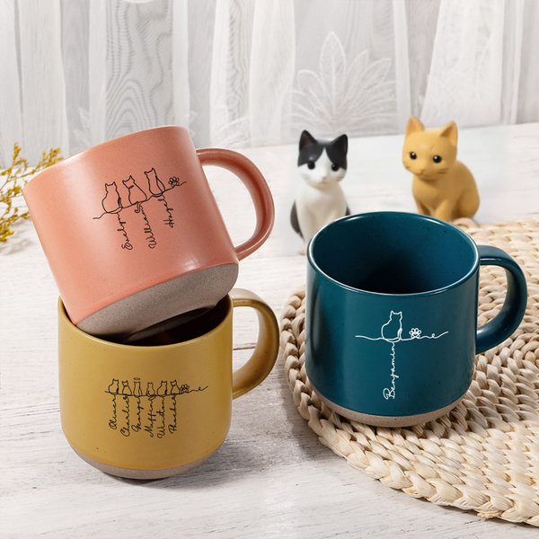Personalized Cute Line Style Cat Ceramic Mug with 1-7 Names and Angel Halos Birthday Adoption Anniversary Memorial Gift for Cat Owners Lovers