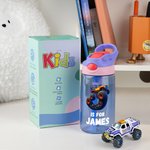 Gepersonaliseerde Big Wheel Off-Road Truck initiële naam 16 oz Kid Waterfles met siliconen rietje en handvat Verjaardag terug naar school Gift voor jongens meisjes