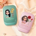 Personalized 3D Cartoon Character Birth Flower PU Leather Jewellery Box with Name and LED Makeup Mirror Travel Essential Birthday Gift for Women