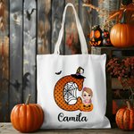 Personalized Spider Web Initial Cartoon Character Pumpkin Reusable Canvas Tote Bag with Name Halloween Party Favors Gift for Kids