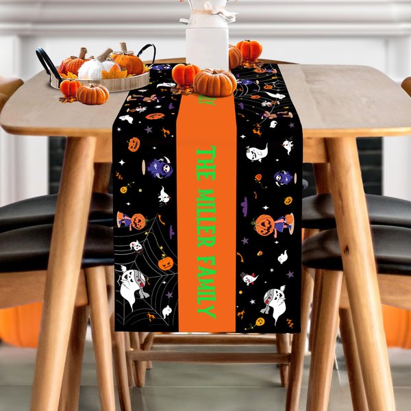 Personalized Ghost Pumpkin Multicolor Table Runner with Text Home Decor Halloween Party Gift for Family Friend