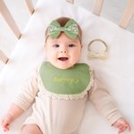 Babero bordado con nombre personalizado 100% algodón con 2 cintas para la cabeza Regalo de cumpleaños Baby Shower para recién nacido