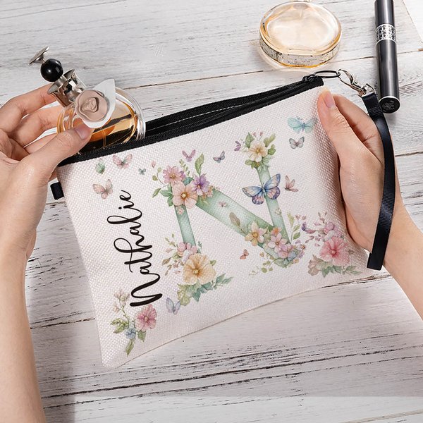 Personalized Watercolor Floral Initial Portable Makeup Bag with Name and Wrist Strap Portable Travel Accessories Birthday Bridesmaid Gift for Women