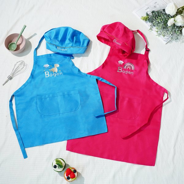 Personalised Cute Embroidered Pattern Adjustable Kid Apron Chef Hat Set with Name Children's Day Birthday Gift for Boys Girls