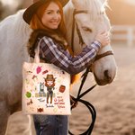 Henkilökohtainen söpö sarjakuva hevonen ja Cowboy tyttö kangas laukku nimi hevonen Racing syntymäpäivälahja naisille hevonen ystäville