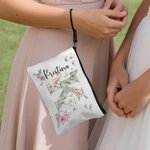 Personalizzato acquerello iniziale floreale Borsa trucco portatile con nome e cinturino da polso Accessori da viaggio portatile Compleanno damigella d'onore regalo per le donne
