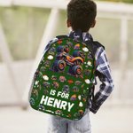 Personlig stor ryggsekk med navn og sidelommer for barn med stort hjul, offroad-lastebil og initialer Daglig bruk Bursdagsgave til barn