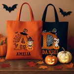 Personalized Spider Web Initial Cartoon Character Pumpkin Reusable Canvas Tote Bag with Name Halloween Party Favors Gift for Kids