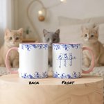 Personalized Toile De Jouy 1-7 Line Art Cats Design 11 oz 15 oz Ceramic Mug with Name and Coaster Memorial Birthday Gift for Cat Lover