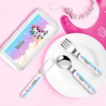 Gepersonaliseerde Fantasie Eenhoorn Initiaal Vork Lepel en Mes 3-delige Kinderbestekset met Naam en Doosje Terug naar School Cadeau voor Kinderen