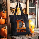 Personalized Spider Web Initial Cartoon Character Pumpkin Reusable Canvas Tote Bag with Name Halloween Party Favors Gift for Kids