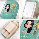 Personalized 3D Cartoon Character Birth Flower PU Leather Jewellery Box with Name and LED Makeup Mirror Travel Essential Birthday Gift for Women