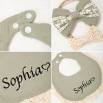 Babero bordado con nombre personalizado 100% algodón con 2 cintas para la cabeza Regalo de cumpleaños Baby Shower para recién nacido