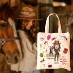 Henkilökohtainen söpö sarjakuva hevonen ja Cowboy tyttö kangas laukku nimi hevonen Racing syntymäpäivälahja naisille hevonen ystäville