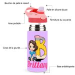 Bouteille d'Eau Isotherme 355 ml Personnalisée avce Personnage Cartoon Nom et Initiale Cadeau Anniversaire Rentrée Scolaire pour les Enfants