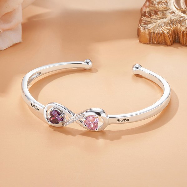 Personalized Sterling Silver Infinity Double Heart Birthstones Cuff Bracelet with Engraved Name Anniversary Valentine's Day Birthday Gift for Women