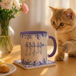 Personalized Toile De Jouy 1-7 Line Art Cats Design 11 oz 15 oz Ceramic Mug with Name and Coaster Memorial Birthday Gift for Cat Lover
