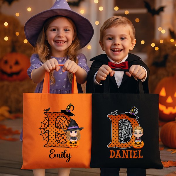 Personalized Spider Web Initial Cartoon Character Pumpkin Reusable Canvas Tote Bag with Name Halloween Party Favors Gift for Kids