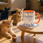 Personalized Toile De Jouy 1-7 Line Art Cats Design 11 oz 15 oz Ceramic Mug with Name and Coaster Memorial Birthday Gift for Cat Lover