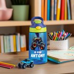 Gepersonaliseerde Big Wheel Off-Road Truck initiële naam 16 oz Kid Waterfles met siliconen rietje en handvat Verjaardag terug naar school Gift voor jongens meisjes