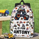 Personlig stor ryggsekk med navn og sidelommer for barn med stort hjul, offroad-lastebil og initialer Daglig bruk Bursdagsgave til barn