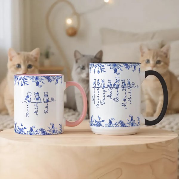 Personalized Toile De Jouy 1-7 Line Art Cats Design 11 oz 15 oz Ceramic Mug with Name and Coaster Memorial Birthday Gift for Cat Lover