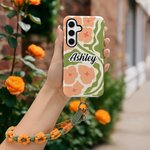 Funda de teléfono de doble capa con nombre y estampado floral abstracto personalizado para iPhone o Samsung con correa para la muñeca y para el hombro Regalo de cumpleaños para mujer