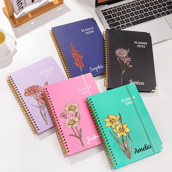 Personalized 2026 Planner Birth Flower A5 Spiral Notebook Pen with Weekly Monthly Planning Pages Birthday New Year Gift for Family Friends