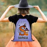 Personalised Cartoon Witch Character Pumpkin Portable Drawstring Backpack Bag with Name and Initial Daily Use Birthday Halloween Party Gift for Kids
