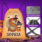 Personalised Cartoon Witch Character Pumpkin Portable Drawstring Backpack Bag with Name and Initial Daily Use Birthday Halloween Party Gift for Kids